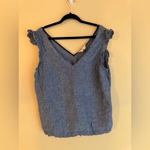 Boden Andrea Top - Linen with Frilly Cap Sleeves in Chambray - UK 22/US 20-22